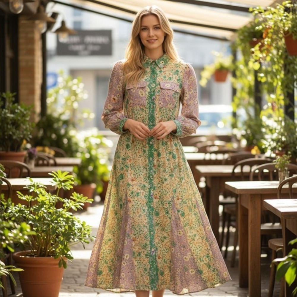 LOFT Petites Mixed Floral Patchwork Midi Dress Green Purple XXSP Long Sleeve
